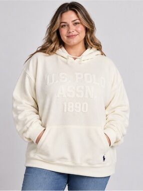 U.S. Polo Assn. Cream Hooded Fleece Plus Size Sweater with Logo SZ 3XL